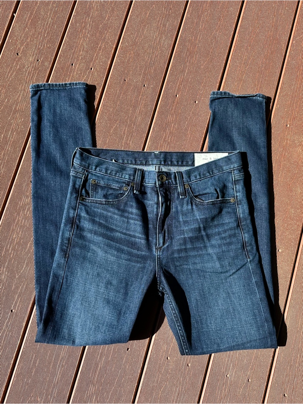 rag & bone Skinny Jeans OTIS Dark Blue Denim Button Zip Logo Men's 30x32 $258